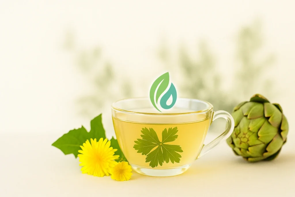 Glass cup of herbal liver detox tea with artichoke and dandelion flowers on natural background
