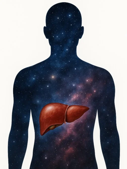 Silhouette of a human body filled with a cosmic starfield, highlighting the liver in red — representing the silent progression of NAFLD.