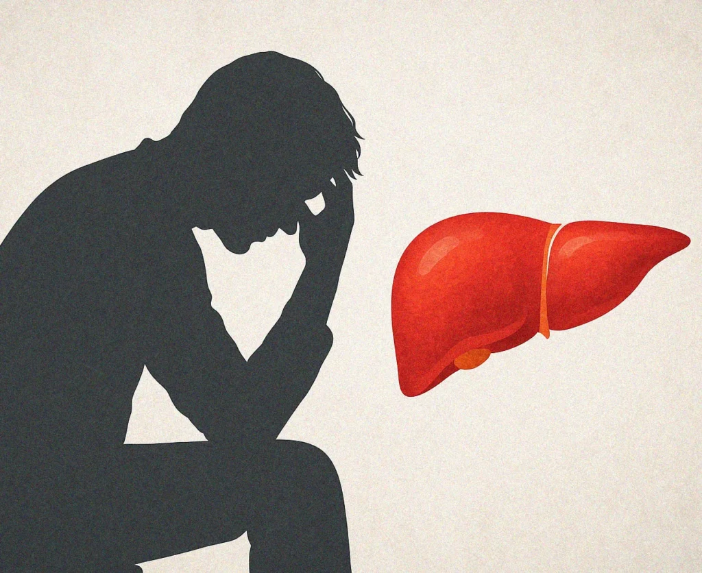 Illustration of a stressed person silhouette next to a liver – visualizing the link between stress and liver health